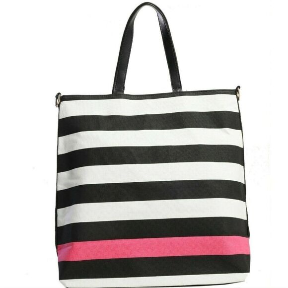 BRAND NEW VICTORIA SECRET WEEKENDER CANVAS STRIPED GOLD LOGO EMBROIDERY TOTE BAG - Picture 2 of 15